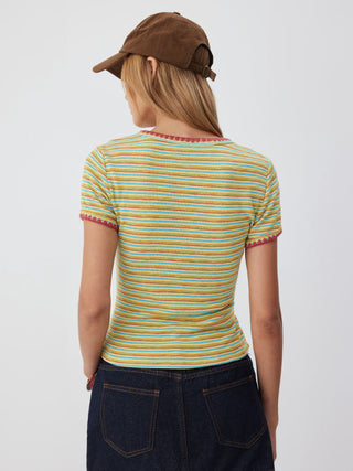 Textured Striped Color-block Scallop Trim Short Sleeve Top