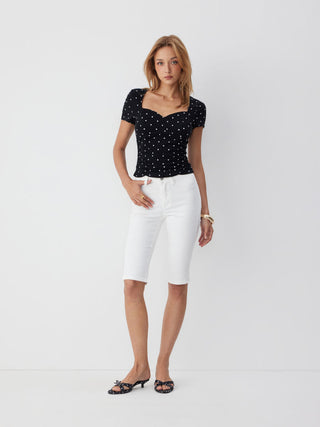 Cotton-blend Polka Dot V-neck Ruched Short Sleeve Top