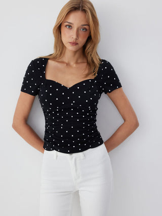 Cotton-blend Polka Dot V-neck Ruched Short Sleeve Top
