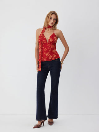 Chiffon Floral V-Neck Backless Crop Cami Blouse With Scarf