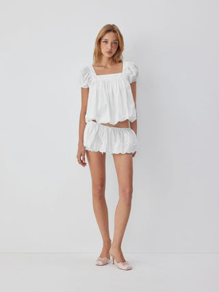 Cotton-blend Square Neck Puff Sleeve Ruched Bubble Hem Blouse