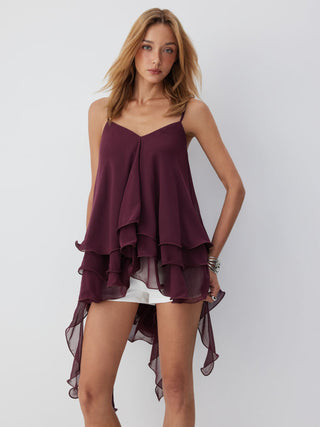 Chiffon V-neck Tiered Ruffled Oversized Crop Cami Blouse