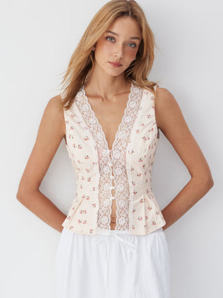 Cotton Floral V-neck Lace Trim Peplum Blouse