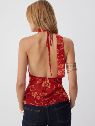 Chiffon Floral V-Neck Backless Crop Cami Blouse With Scarf