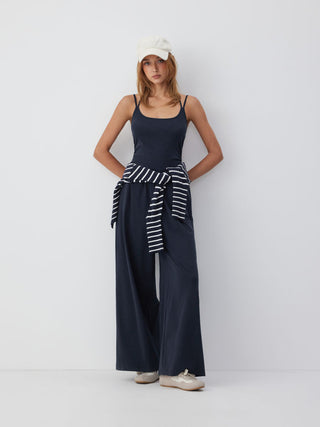 Cotton-blend Mid Rise Scoop Neck Twist Knotted Ruched Wide Leg Jumpsuit