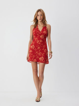 Chiffon Floral Halter Neckline Backless Mermaid Mini Dress