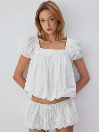Cotton-blend Square Neck Puff Sleeve Ruched Bubble Hem Blouse