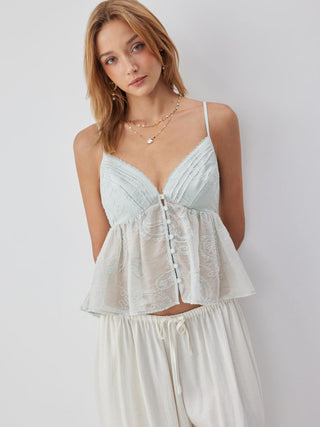 Chiffon V-neck Button Front Lace Panel Crop Cami Blouse
