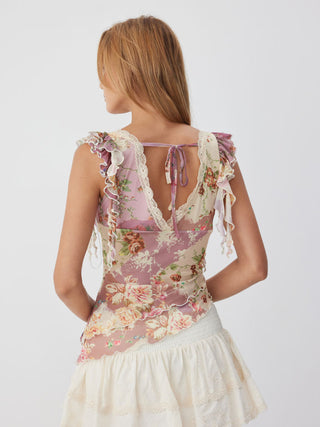 Chiffon Floral V-neck Ruffle Sleeve Lace Trim Asymmetrical Hem Top