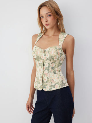 Jacquard Floral Sweetheart Neck Bowknot Corset Tank Blouse