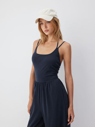 Cotton-blend Mid Rise Scoop Neck Twist Knotted Ruched Wide Leg Jumpsuit