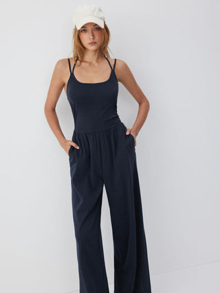 Cotton-blend Mid Rise Scoop Neck Twist Knotted Ruched Wide Leg Jumpsuit