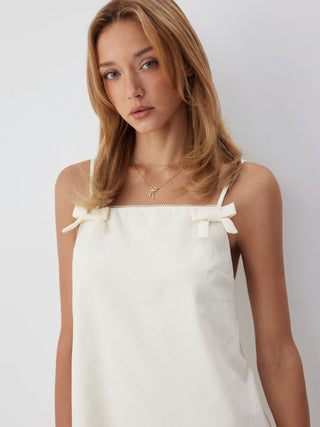 Linen-blend Square Neck Bowknot Oversized Smock Mini Dress
