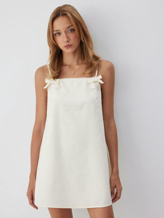 Linen-blend Square Neck Bowknot Oversized Smock Mini Dress