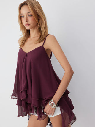 Chiffon V-neck Tiered Ruffled Oversized Crop Cami Blouse