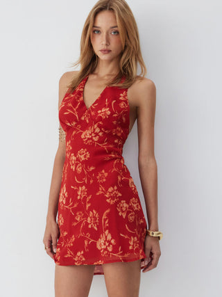Chiffon Floral Halter Neckline Backless Mermaid Mini Dress