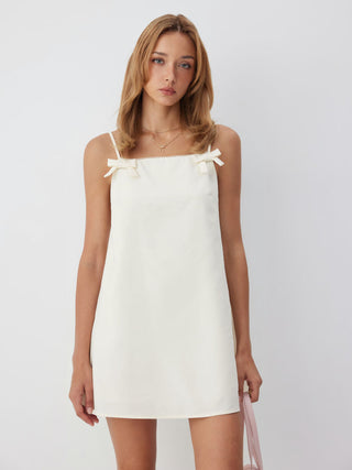 Linen-blend Square Neck Bowknot Oversized Smock Mini Dress