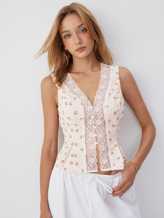 Cotton Floral V-neck Lace Trim Peplum Blouse