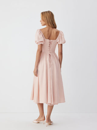 Linen-blend Sweetheart Neck Puff Sleeve Draped Lace Up Milkmaid Maxi Dress