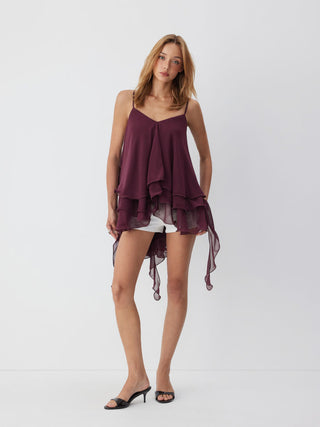 Chiffon V-neck Tiered Ruffled Oversized Crop Cami Blouse