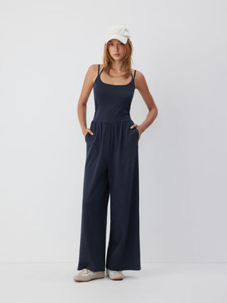 Cotton-blend Mid Rise Scoop Neck Twist Knotted Ruched Wide Leg Jumpsuit