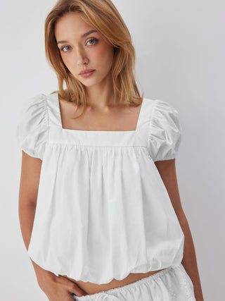Cotton-blend Square Neck Puff Sleeve Ruched Bubble Hem Blouse