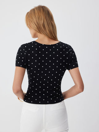 Cotton-blend Polka Dot V-neck Ruched Short Sleeve Top