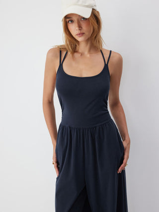Cotton-blend Mid Rise Scoop Neck Twist Knotted Ruched Wide Leg Jumpsuit