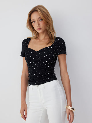 Cotton-blend Polka Dot V-neck Ruched Short Sleeve Top