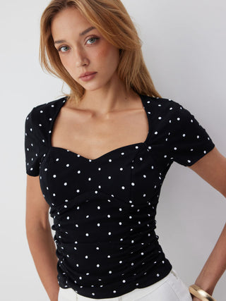 Cotton-blend Polka Dot V-neck Ruched Short Sleeve Top