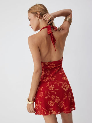 Chiffon Floral Halter Neckline Backless Mermaid Mini Dress