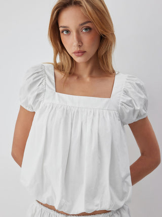 Cotton-blend Square Neck Puff Sleeve Ruched Bubble Hem Blouse