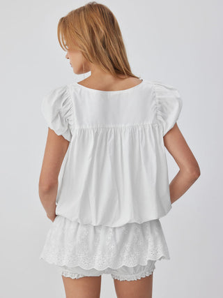 Cotton-blend Square Neck Puff Sleeve Ruched Bubble Hem Blouse