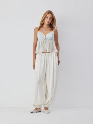 Chiffon V-neck Button Front Lace Panel Crop Cami Blouse