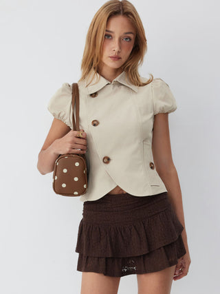 Notched Collar Puff Sleeve Asymmetrical Button Blouse