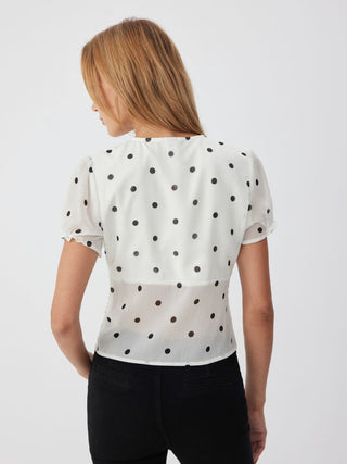Chiffon Polka Dot Puff Sleeve Cut Out Ruched Blouse
