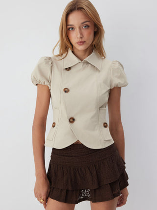 Notched Collar Puff Sleeve Asymmetrical Button Blouse