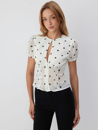 Chiffon Polka Dot Puff Sleeve Cut Out Ruched Blouse