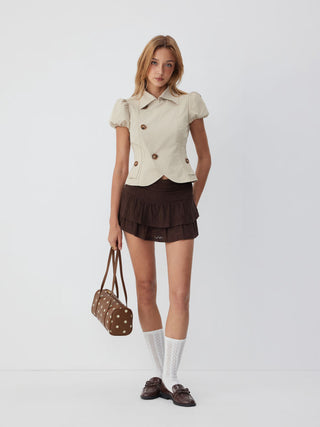 Notched Collar Puff Sleeve Asymmetrical Button Blouse