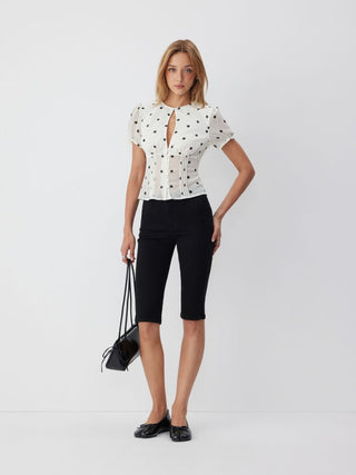Chiffon Polka Dot Puff Sleeve Cut Out Ruched Blouse