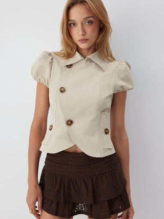 Notched Collar Puff Sleeve Asymmetrical Button Blouse