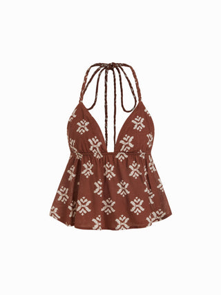 Linen-blend Aztec Graphic V-neck Halter Braided Peplum Hem Cami Blouse