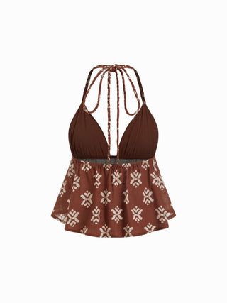 Linen-blend Aztec Graphic V-neck Halter Braided Peplum Hem Cami Blouse
