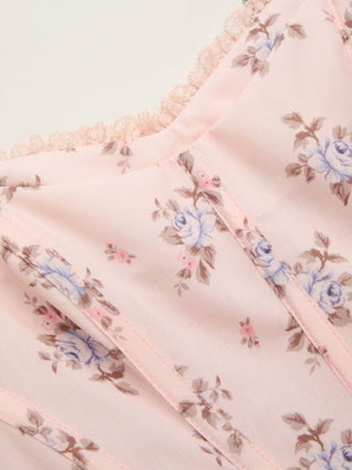 Cotton-blend Floral Square Neck Lace Trim Corset A-line Midi Dress