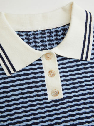 Knit Stripes Polo Neck Colorblock Short Sleeve Top