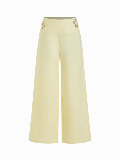 Linen-blend Mid Rise Floral Graphic Cut Out Straight Leg Trousers