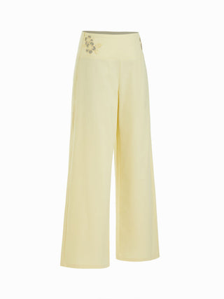 Linen-blend Mid Rise Floral Graphic Cut Out Straight Leg Trousers