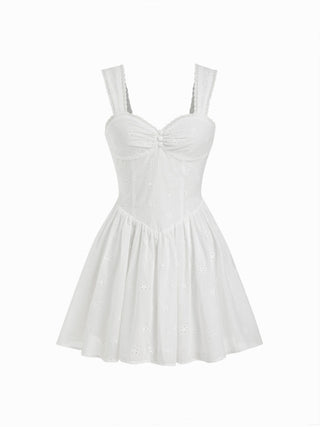 Cotton Broderie Anglaise Sweetheart Ruched Flared Mini Dress