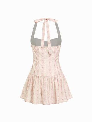 Linen-blend Halter Neckline Bowknot A-line Mini Dress