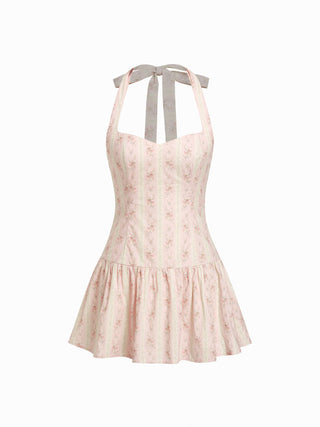 Linen-blend Halter Neckline Bowknot A-line Mini Dress